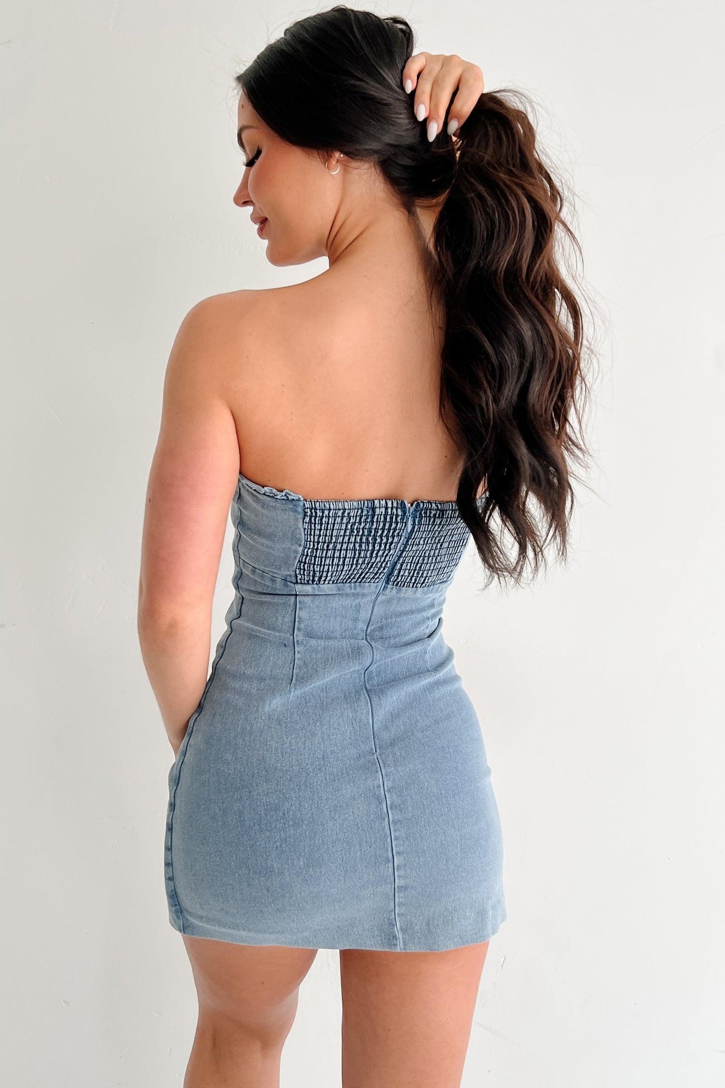 Street Couture Strapless Sweetheart Mini Dress (Denim)