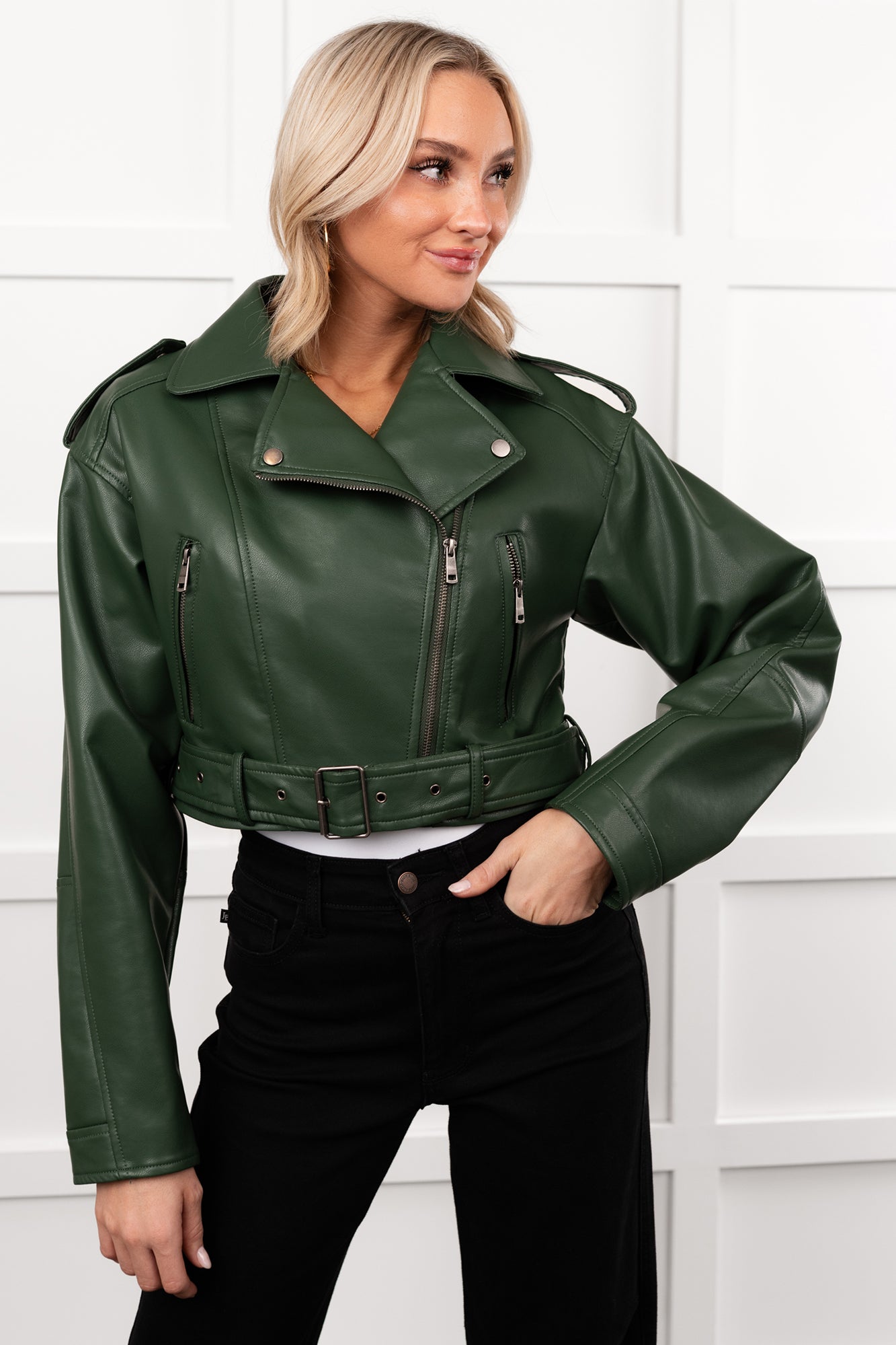 Rule Maker Faux Leather Cropped Jacket (Hunter Green)
