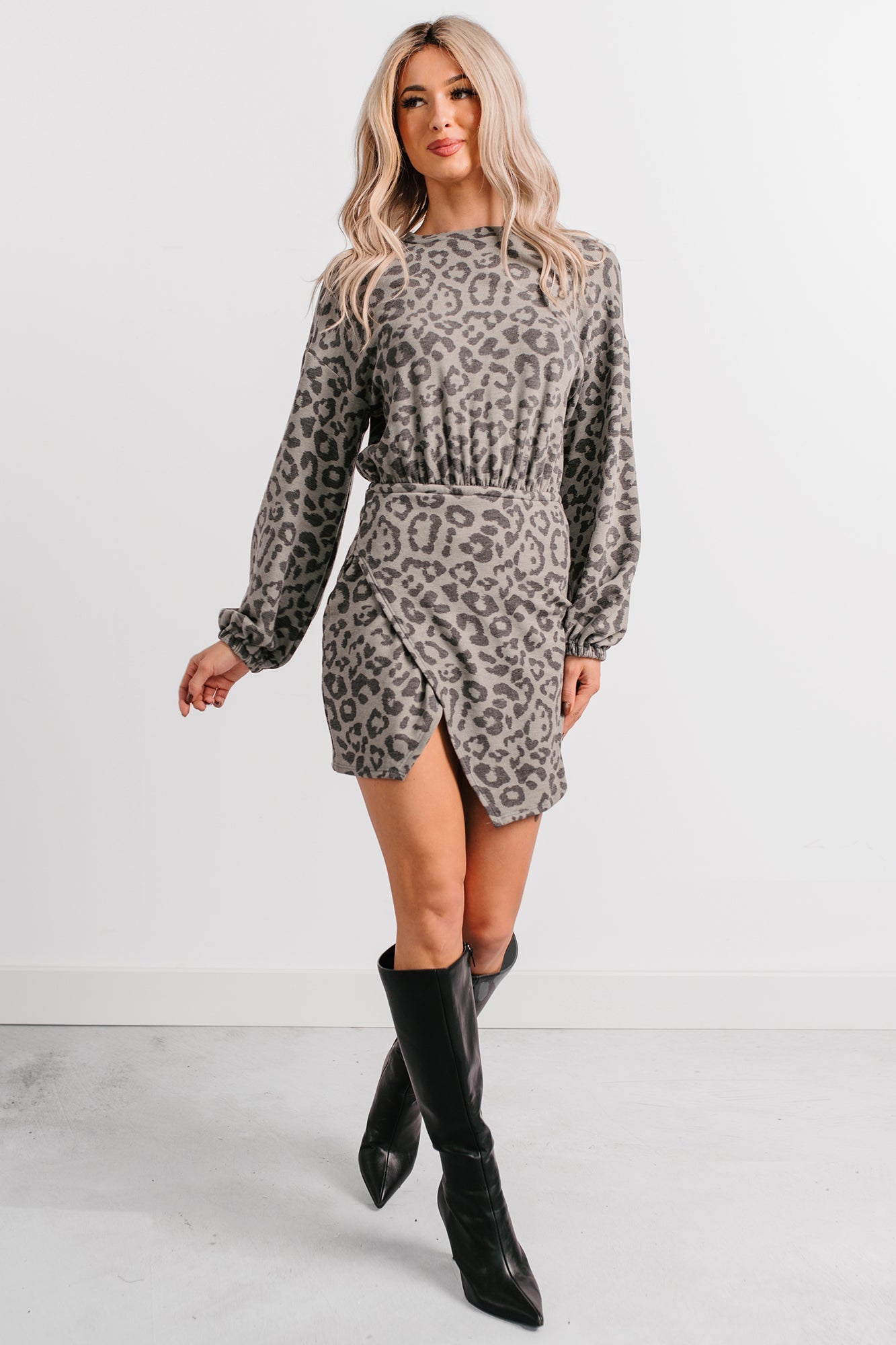 Little Miss Bossy Asymmetric Mini Dress (Grey Leopard)
