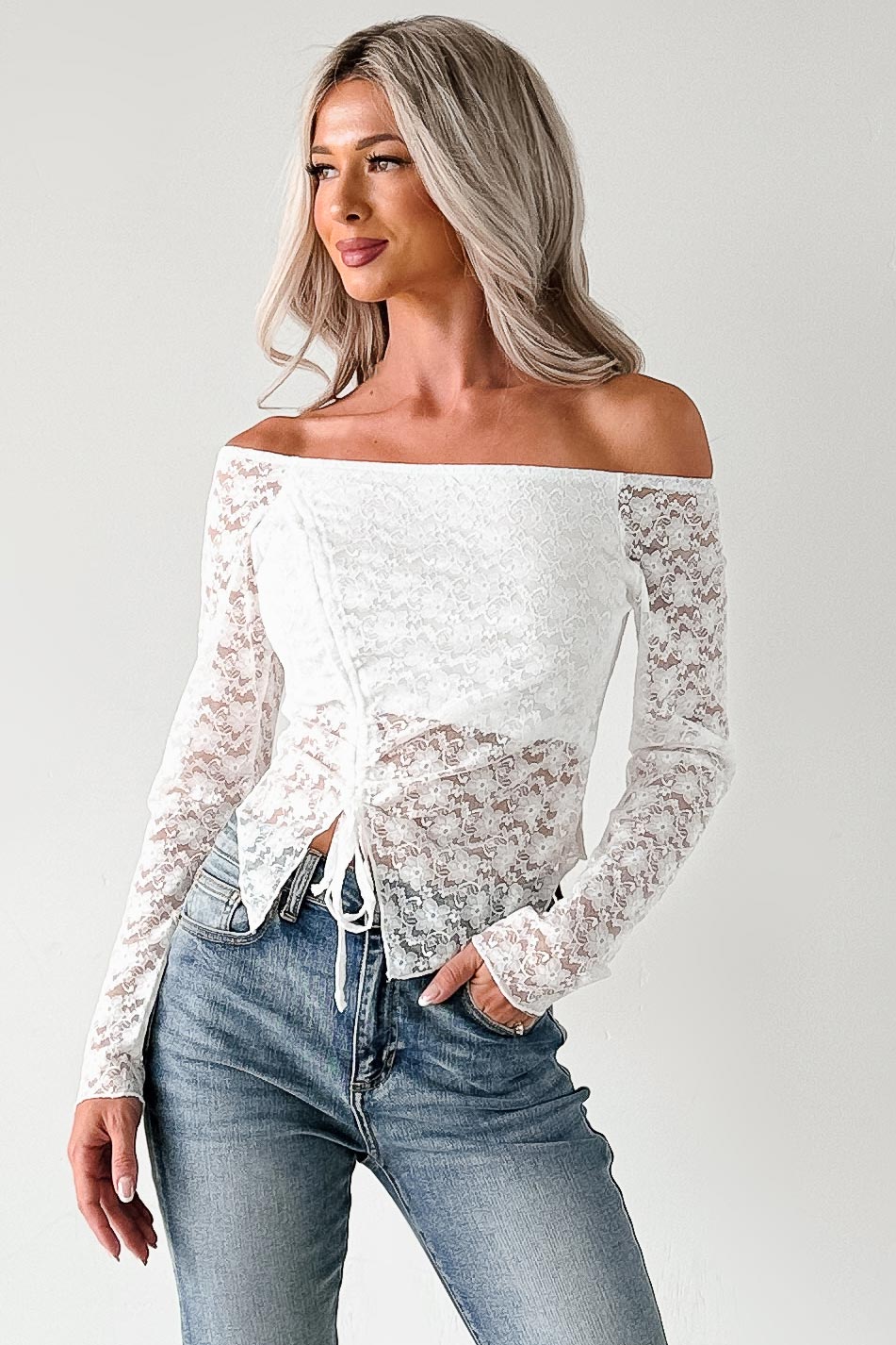 Up To Standard Ruched Lace Asymmetric Top (Ivory)