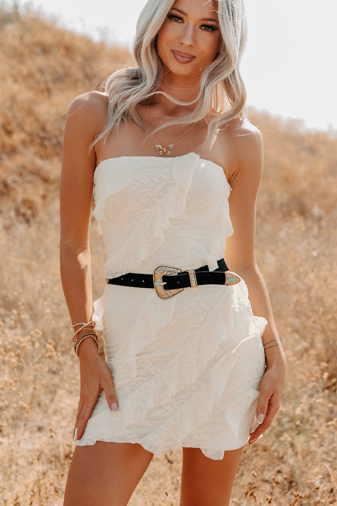 Prettiest Little Thing Strapless Ruffle Mini Dress (Off White)
