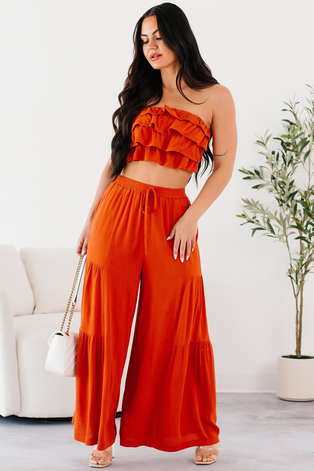 Vivid Blooms Ruffled Tube Top & Pant Set (Rust)