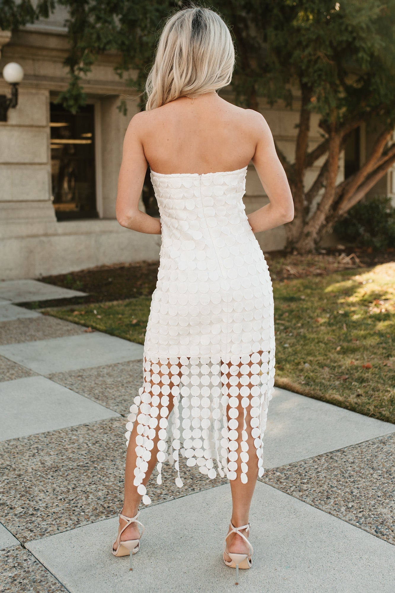 Reservations Ready Circle Overlay Strapless Mini Dress (White)